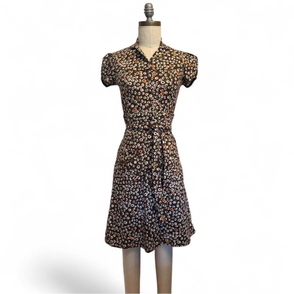NWT brown floral 70’s print 100% cotton midi button up dress short sleeves